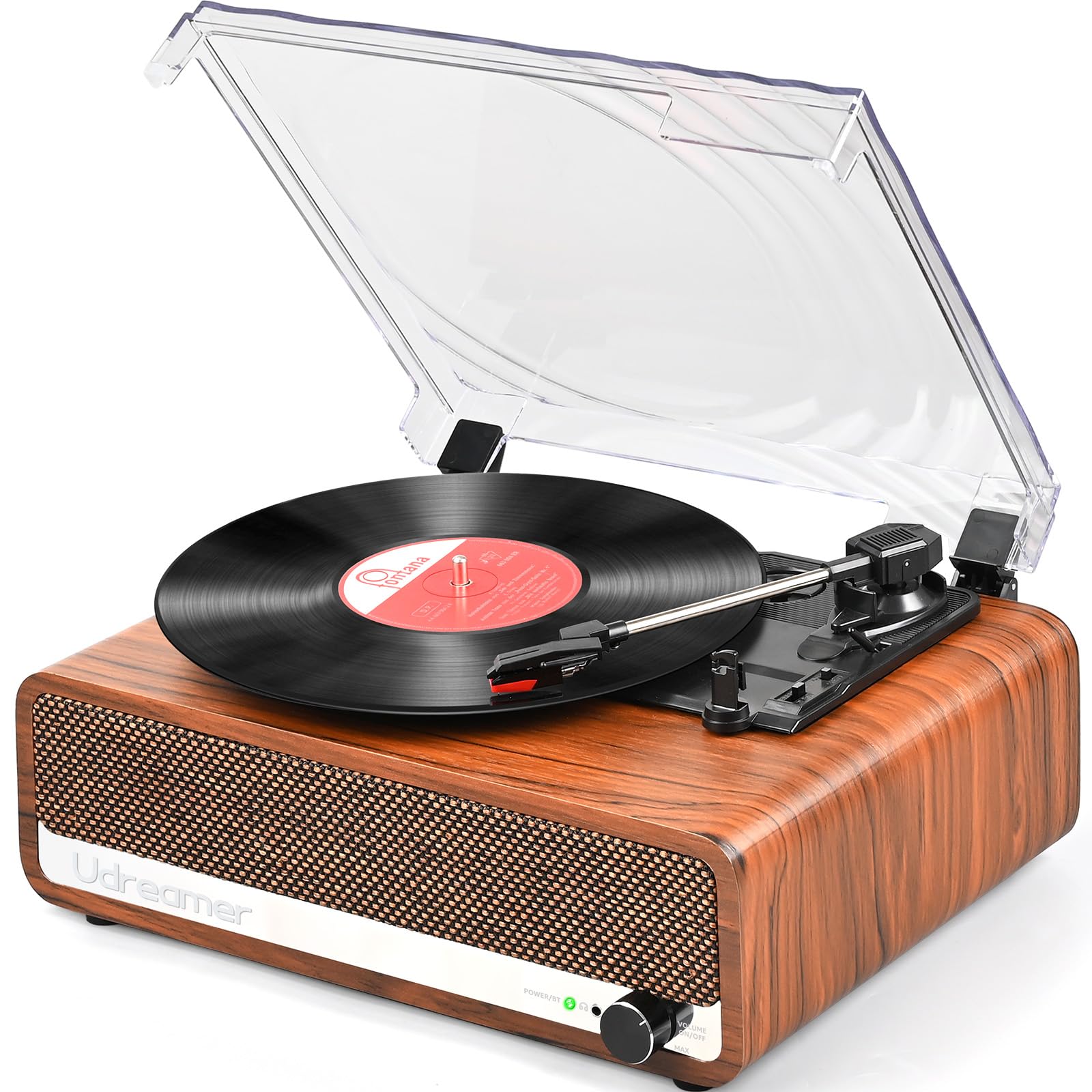 Photo 1 of Vinyl Record Player with Speakers,3 Speed Turntable with Latest Bluetooth 5.3, Aux Input, Headphone Jack, RCA Output and Auto Stop, Mirror Vintage Wooden Brown
