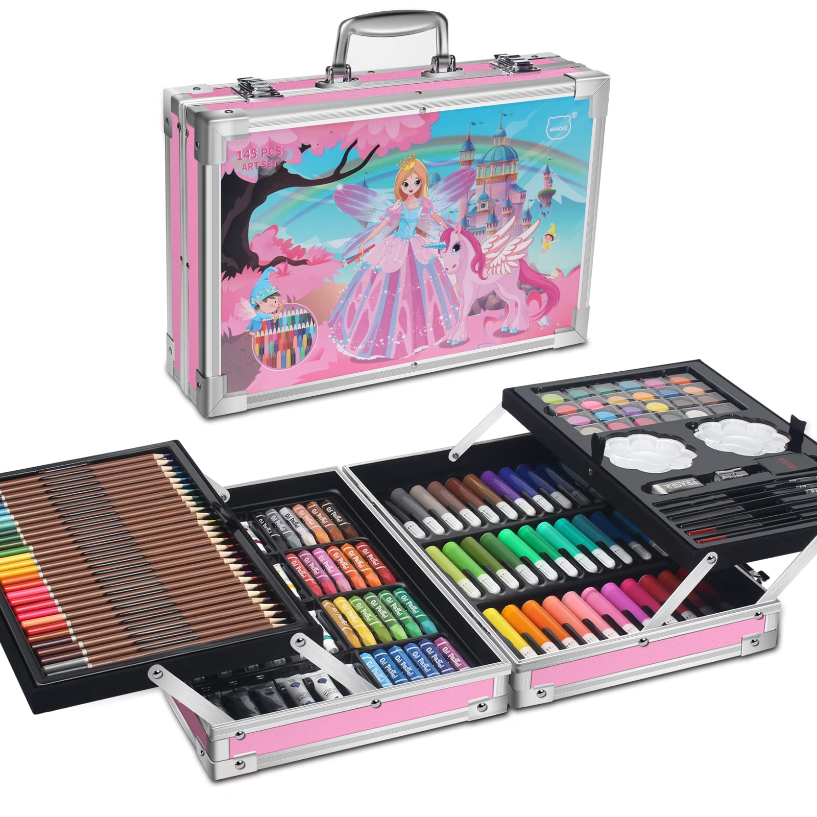 MIAOKE 145 Piece Art Set, Deluxe Mega Aluminum Box & Drawing Kit with Colored Pencils, Markers, Watercolor Paints, Crayons, HB Pencils, Watercolor Cake, Brush, 18-Sheet Sketch Pad-Pink