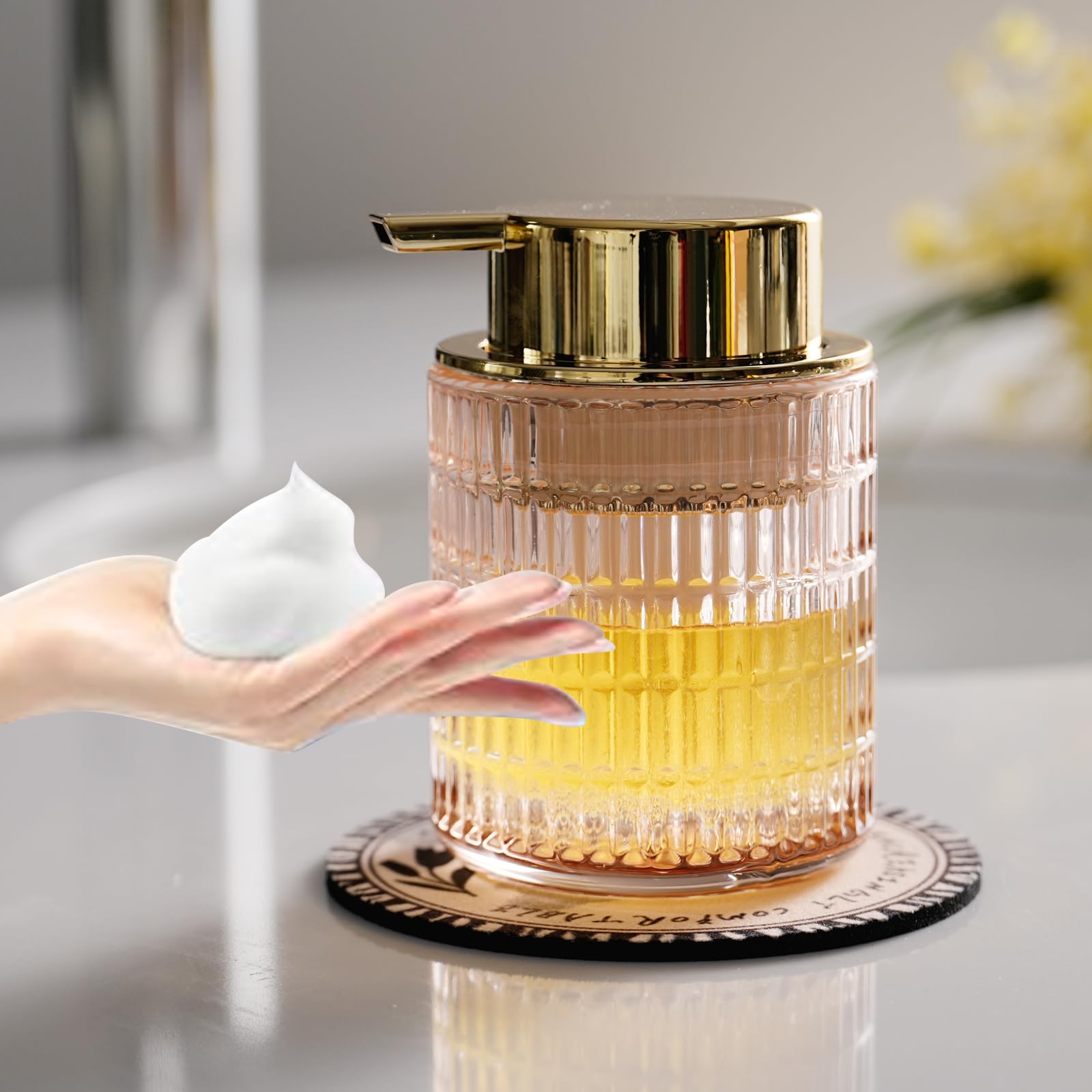Photo 1 of CICUFY Refillable Glass Foam Soap or Lotion Dispenser for Kitchen and Bathroom with Large Gold Pump (Striped Pattern-Pink)