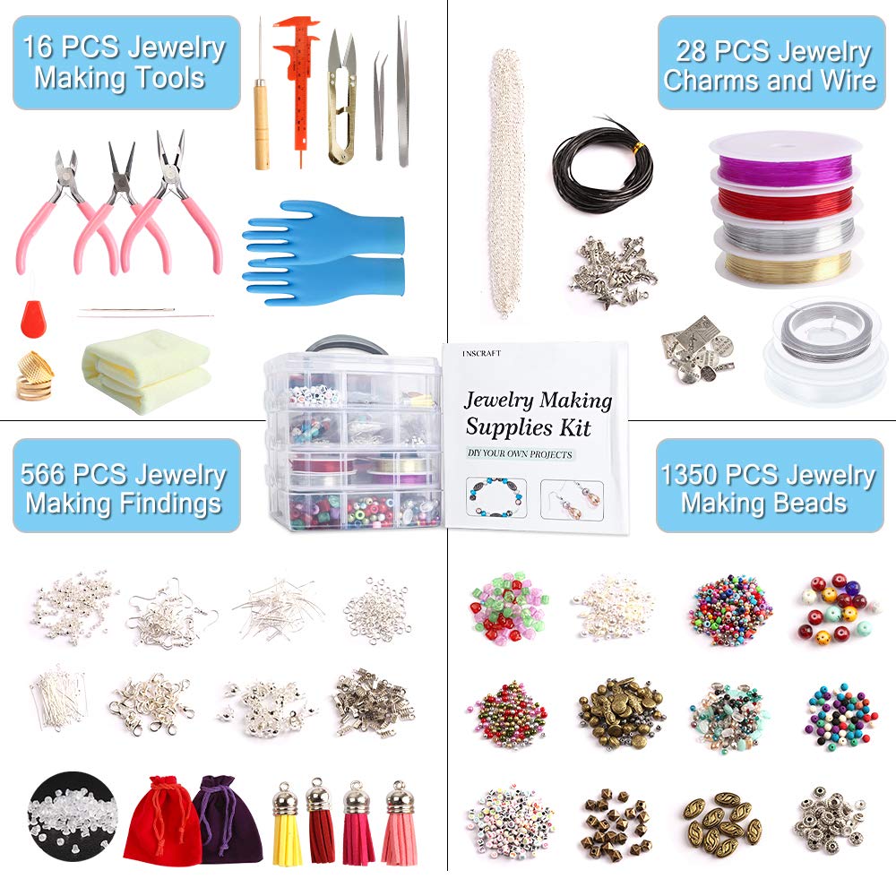 Jewelry Making Kit, 1960 pcs, Supplies Includes Beads, Instructions, Findings, Wire for Bracelet, Necklace, Earrings Making Kit for Adults by Inscraft