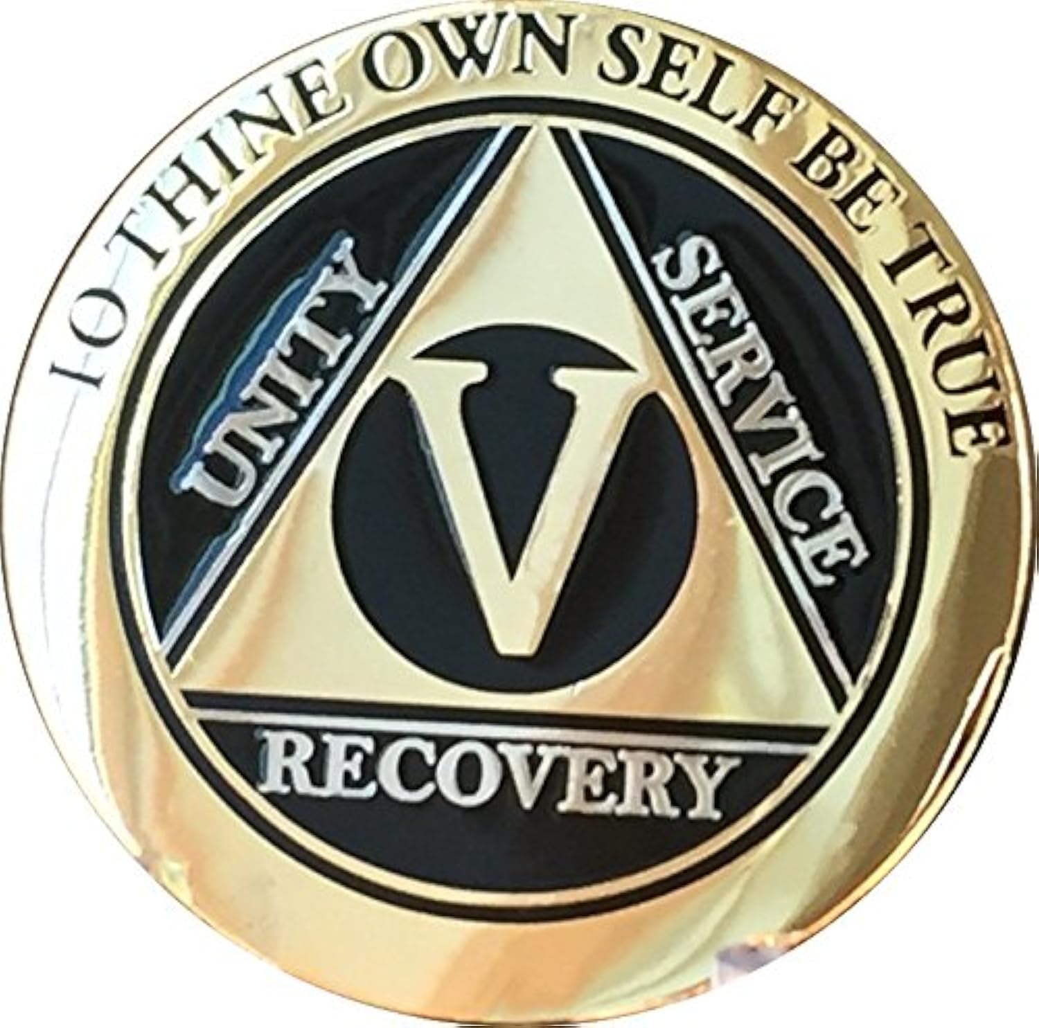 RecoveryChip 5 Year AA Medallion Elegant Black Gold Silver Sobriety Chip