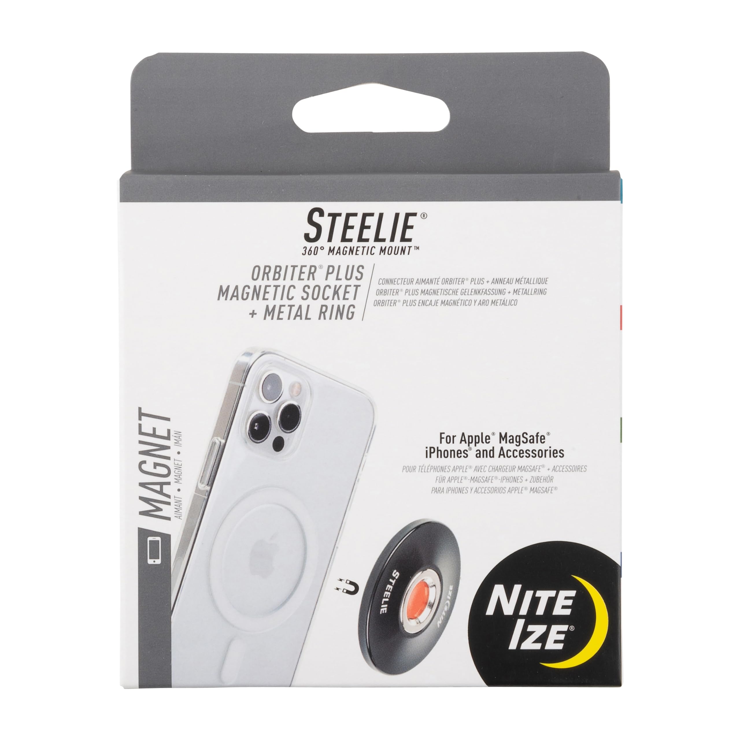 Nite Ize STOMS-01-R8 Steelie Orbiter Plus Magnetic Socket + Metal Ring, Holder iPhone 12 / Mini/Pro Max, Car Mount Works with MagSafe Charger, Black โ image 1