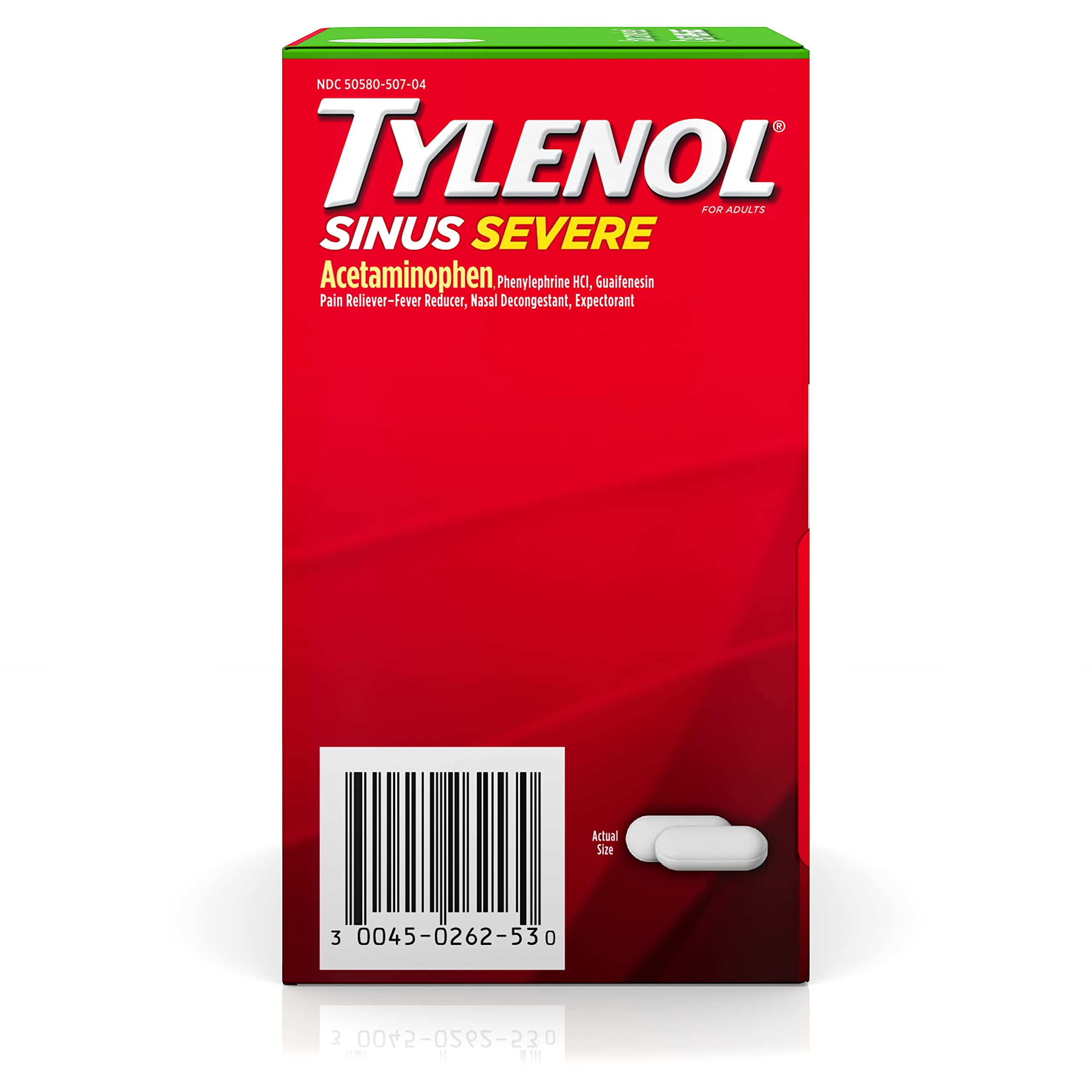 Tylenol Sinus Severe Daytime Caplets with Acetaminophen 325mg, Guaifenesin 200mg & Phenylephrine HCl 5mg, Non-Drowsy Pain Reliever, Expectorant & Nasal Decongestant, 50 Travel Packs of 2 ct
