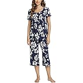 LazyCozy Womens Pajama Sets Viscose from Bamboo Pj Set Short Sleeve Top with Capri Pants Sleepwear 2 Piece Lounge Set