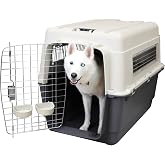 SportPet Airline Compliant XX-LARGE 39" Travel Dog Kennel-Durable Plastic Airline Pet Carrier w/ Removable Wheels &amp; Food Bowls, Collapsible Indoor/Outdoor Dog Kennel, Dogs up to 36"L &amp; 27"H-Cream/Gray