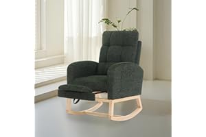 Hevaotry Nursery Rocking Chair with Adjustable Footrest for Living Room,Teddy Fabric Rocking Chair with Solid Wooden Legs，Comfortable Lounge Armchair with Side Pockets and High Backrest(Dark Green)