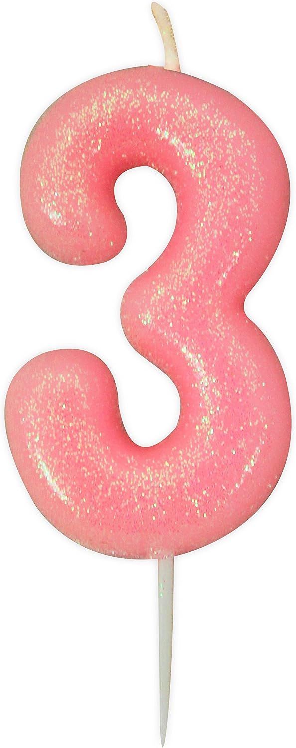 Anniversary House Metallic Colourful Pink Glitter Number 3 Cake Candle for Birthday and Anniversary Decorations