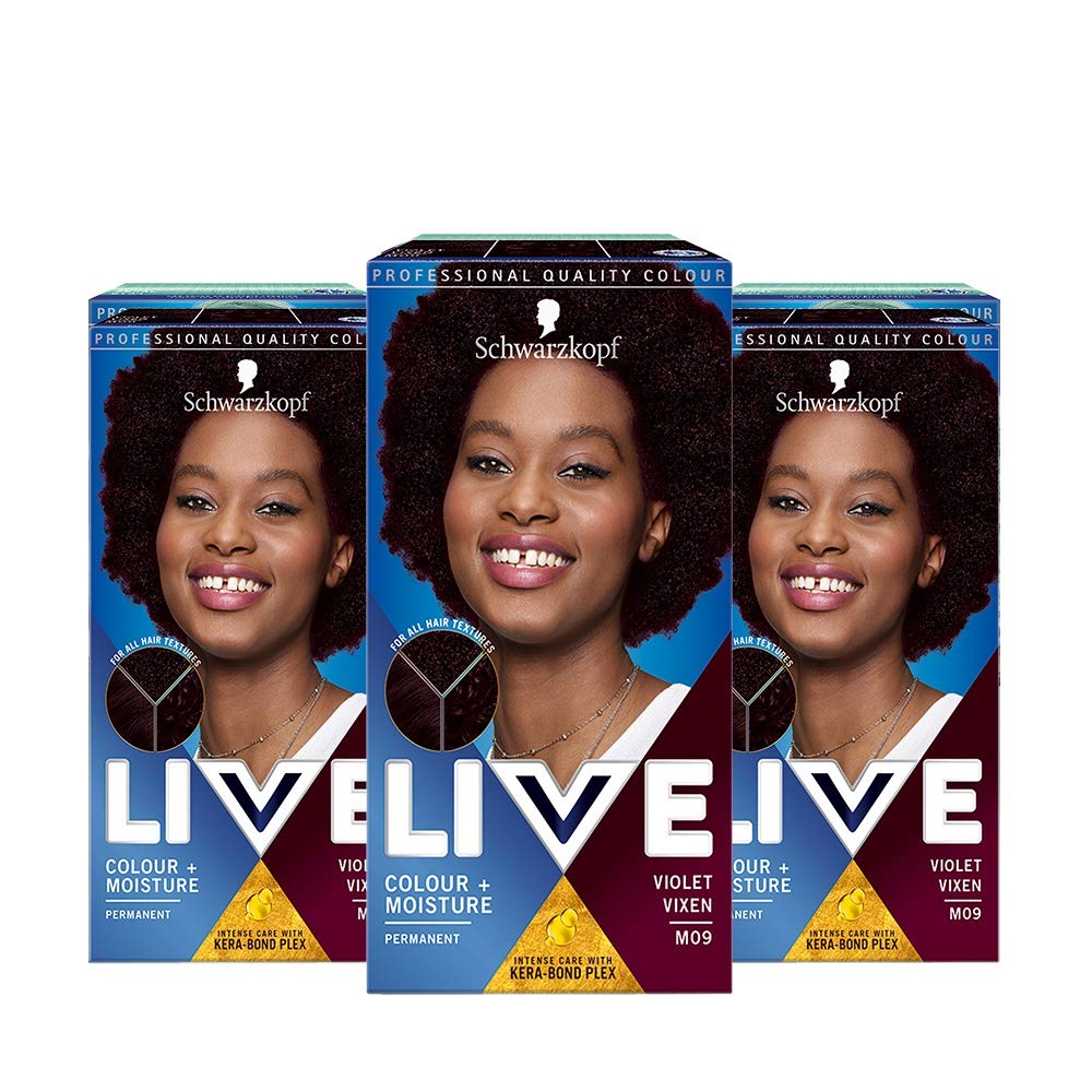 Schwarzkopf Live Colour + Moisture Dark Purple Hair Dye, 3-Pack Permanent Intense Care with Kera-Bond Plex, M09 Violet Vixen