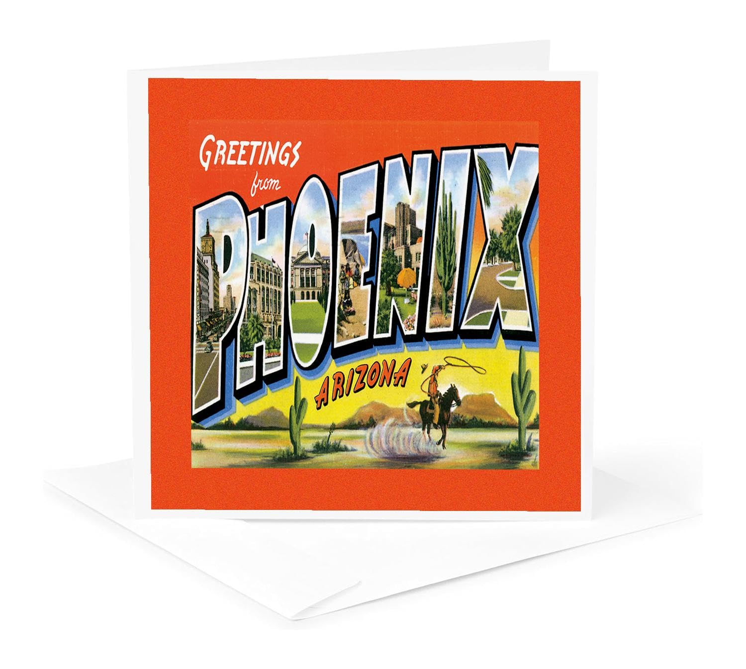 3dRose gc_160716_5 6 x 6-Inch Phoenix Arizona With Cowboy On A Horse With A Lasso And Scenes Of The City - Greeting Card