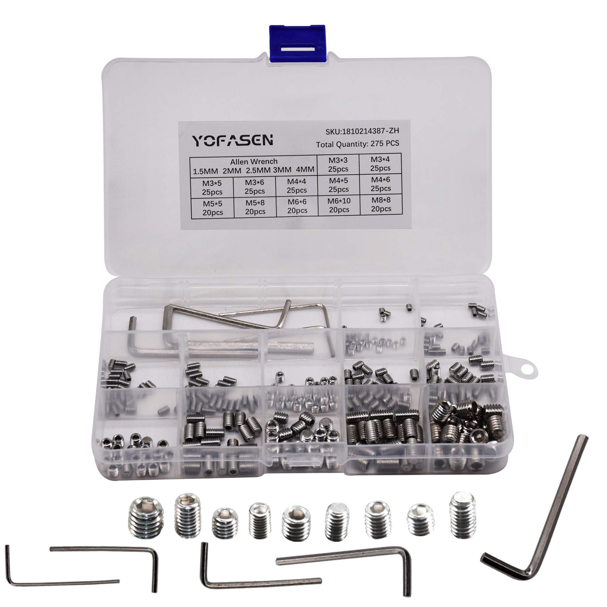 YOFASEN Grub Screws - Metric Thread 304 Stainless Steel M3 M4 M5 M6 M8 Set Screws Allen Head Socket Screws Allen Key Wrench Mixed Assortment Kit, Style-A (275 pcs)