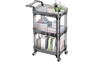 LEHOM 3-Tier Rolling Storage Cart - Plastic Utility Cart with Handle Kitchen Storage Organizer with Lockable Wheels, Mobile Trolley Book Cart for Bedroom Bathroom Dorm Living Room Office, Gray