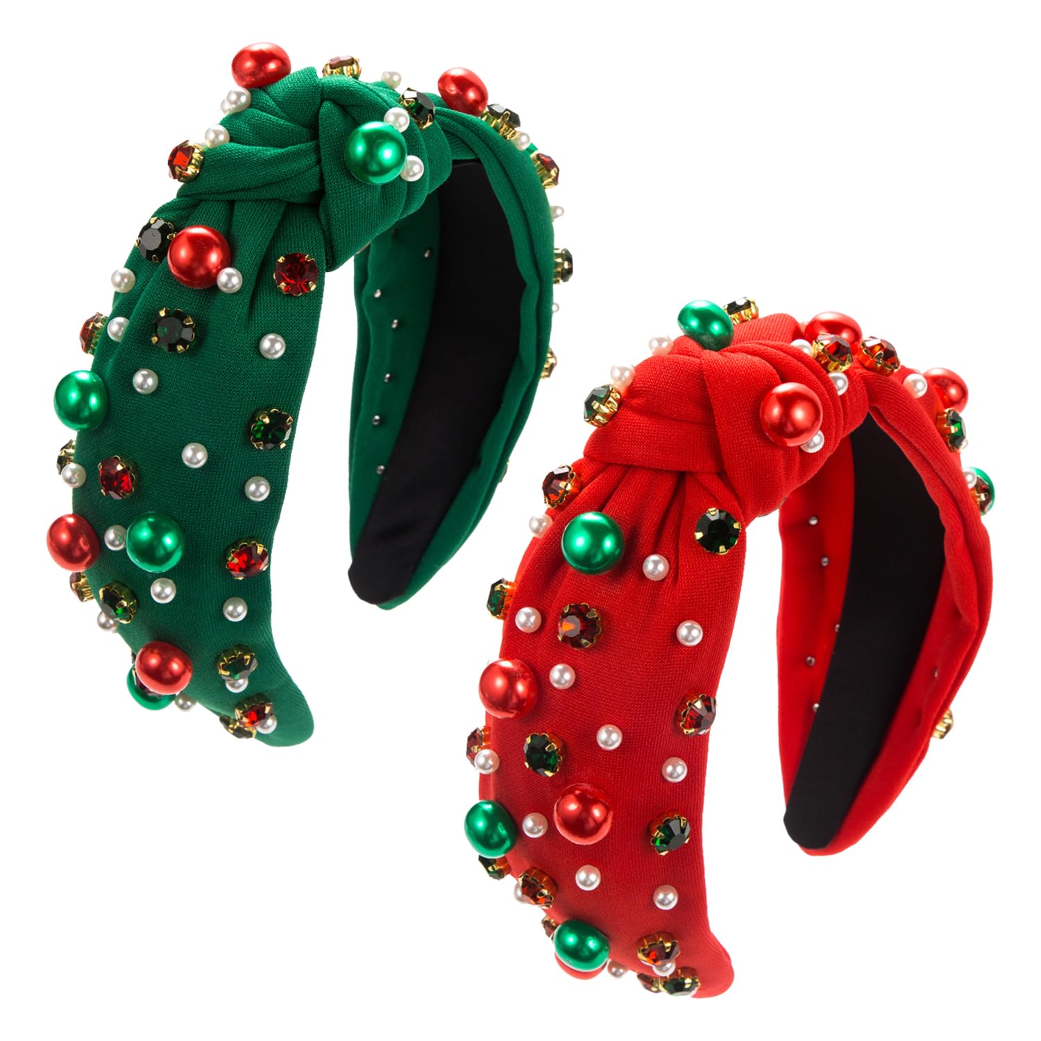 Miaija 2Pieces Chrismas Pearl Knotted Headband Green Red Wide Headbands Rhinestone Hair Hoop Fashion for Women Girls Hair Accessories