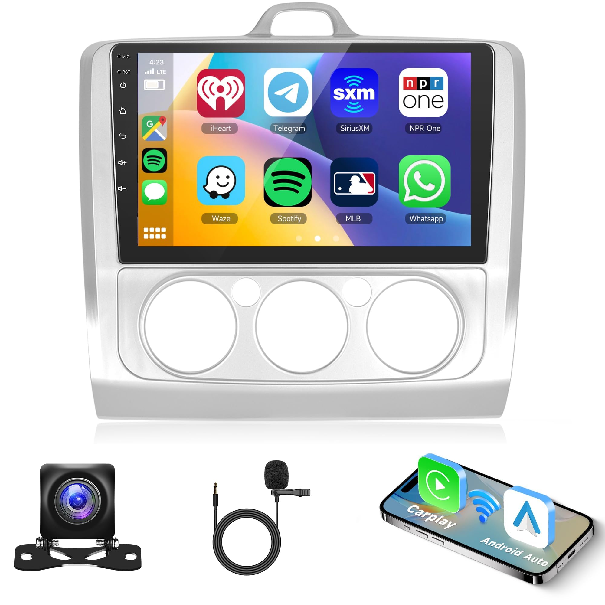 4G 64G for Ford Focus Mk2 Focus Mk3 2004-2011 Android Car Stereo with Wireless Carplay, 9 Inch Touch Screen Car Radio with GPS Bluetooth FM RDS DSP WiFi Android Auto + AHD Backup Camera