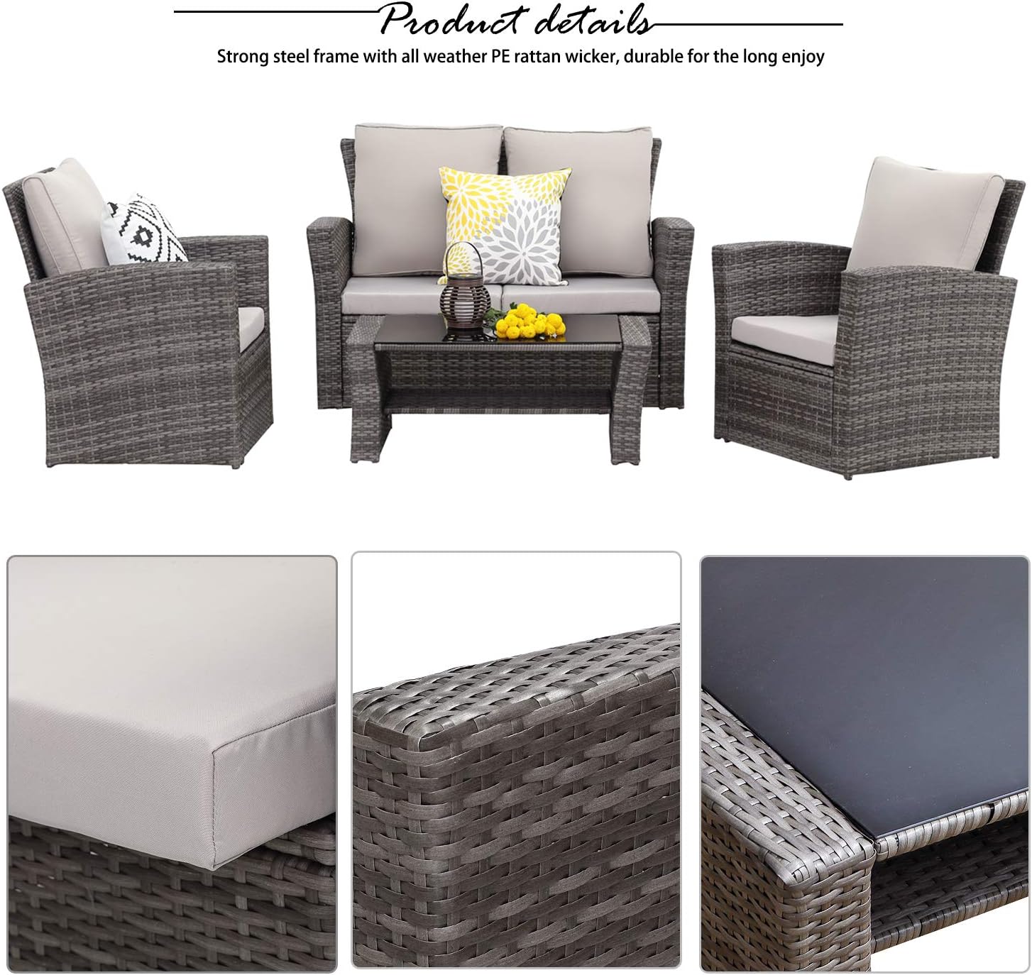 Wisteria Lane 4 Piece Outdoor Patio Furniture Sets, Wicker Conversation Set for Porch Deck, Gray Rattan Sofa Chair with Cushion: Garden & Outdoor