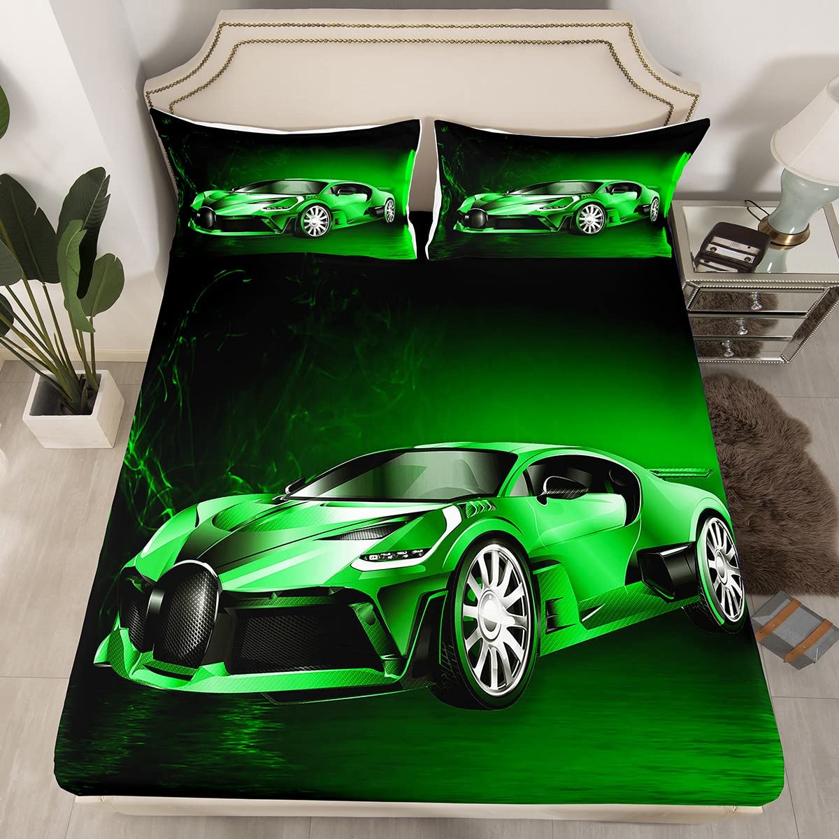 Sports Car Bed Sheet Set Green Race Car Bedding Sheets for Kids Boys Girls Extreme Sports Bedding Fitted Sheet Cool Speed Car Room 2Pcs Single Size