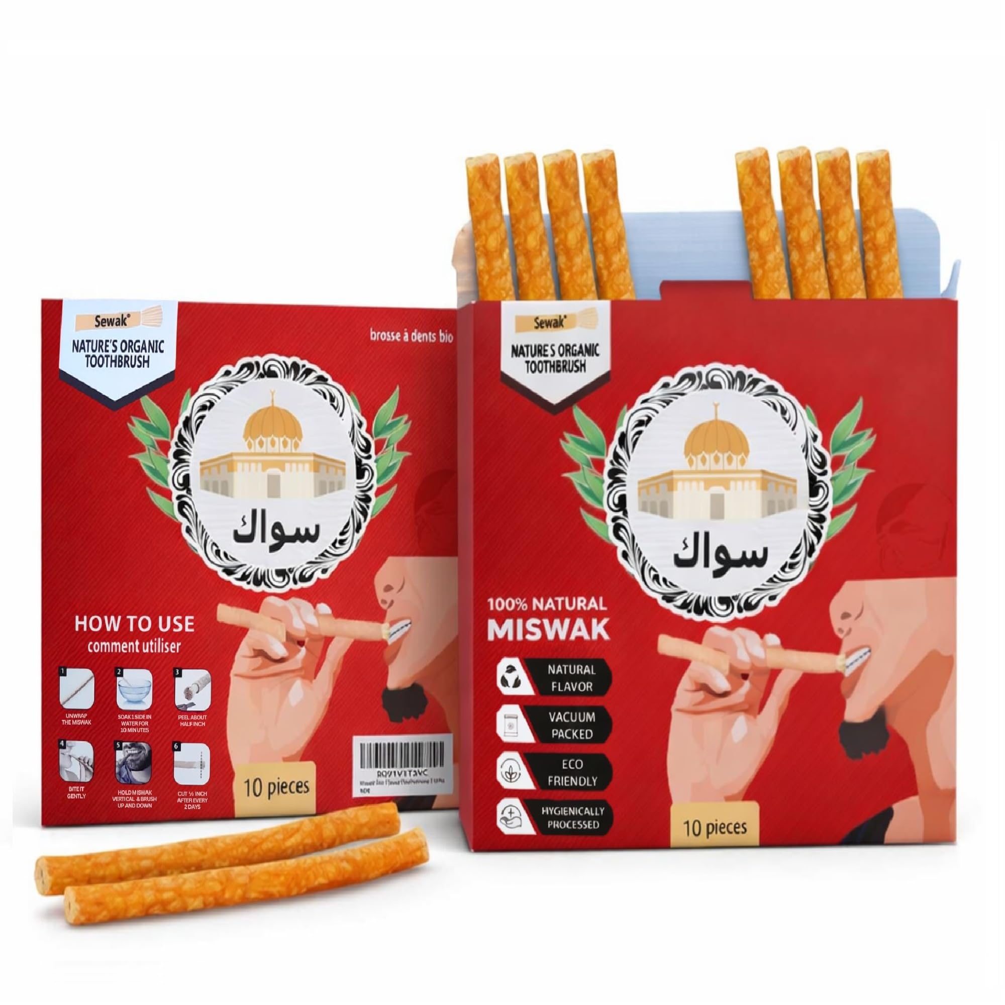 Miswak Sticks for Teeth | Sewak Natural Toothbrush | Siwak Organic Wooden Tooth Brush Oral Teeth Whitener with Holder | Vacuum Sealed (10 Pack)