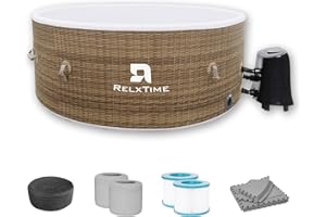 RELXTIME Portable Inflatable Hot Tub Spa with 130 Bubble Jets, External Pump, AirJet 4 to 6 Person Round Blow Up Hottub, 110V Electric Pump for Indoor and Outdoor Use, and Energy Efficient Cover