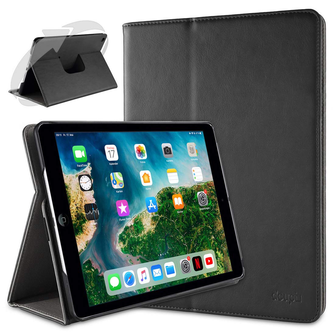 doupi Smart Flip Cover for iPad Air (1. Gen.), Deluxe Protective Case with Sleep/Wake Function 360 Degree Rotatable Stand Screen Protector, Black — image 1