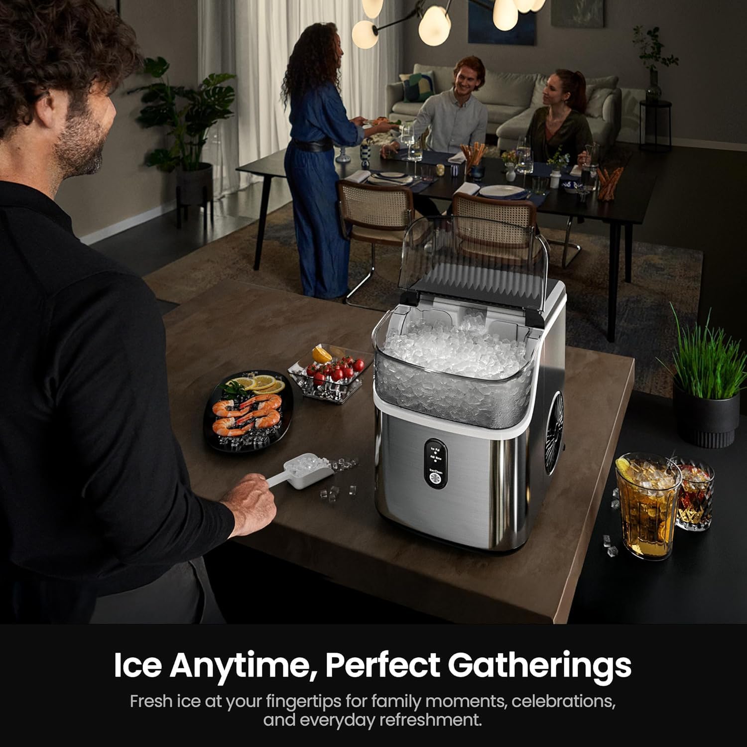 Kismile Nugget Ice Makers Countertop,Portable Ice Machine with Crushed Ice, 35lbs/Day,Self-Cleaning,One-Click Operation for Home Use(Silver)