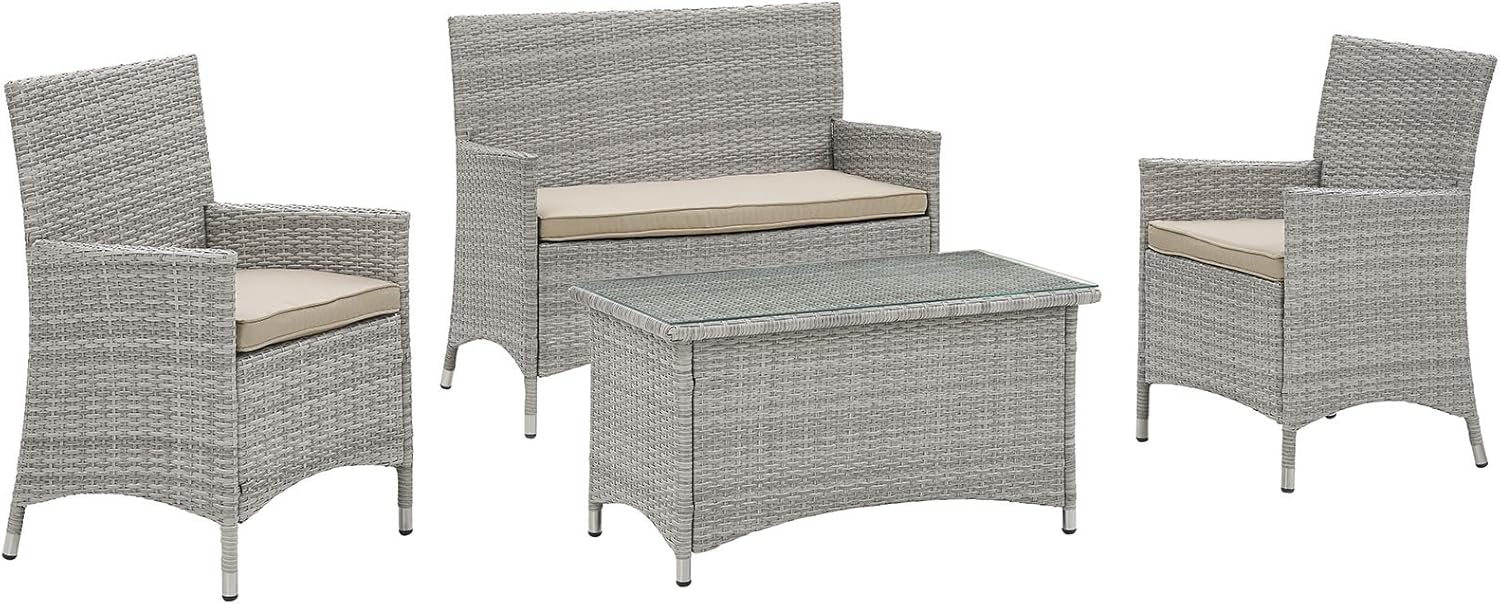Modway Bridge Wicker Rattan 4-Piece Outdoor Patio Furniture Set in Light Gray Beige
