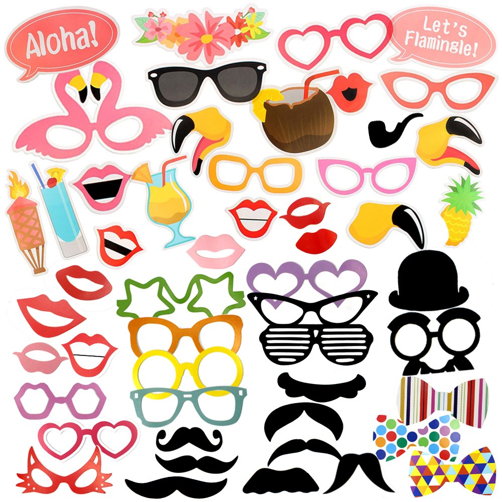 JUSLIN 52 PCS Photo Booth Props For Hawaiian Tropical Theme Party, Birthday Party, Wedding And Holiday Dress-up Accessories Party Favors