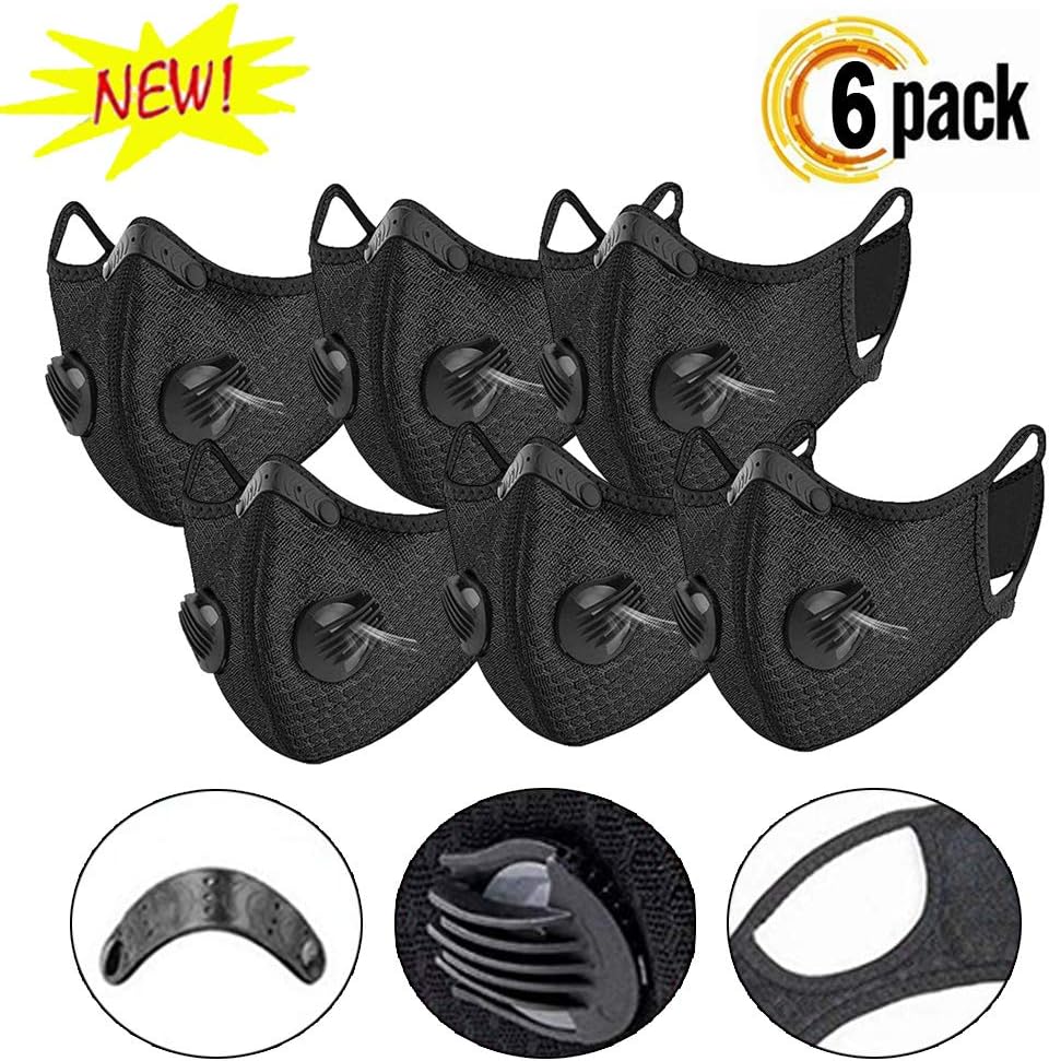 Mask with Filters, Breathing Dust Mouth Face Mask for Air Pollution, Replaceable Activated Carbon Respirator Sports Mask for Women Men (6pcs black)