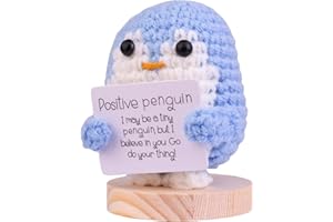MuMyer Funny Positive Crochet Penguin Doll, Handmade Emotional Support Knitted Wool Penguin Gift with Wooden Base Positive Card, Cheer Up Gift for Women Fathers Day Birthday Anniversary(Blue)