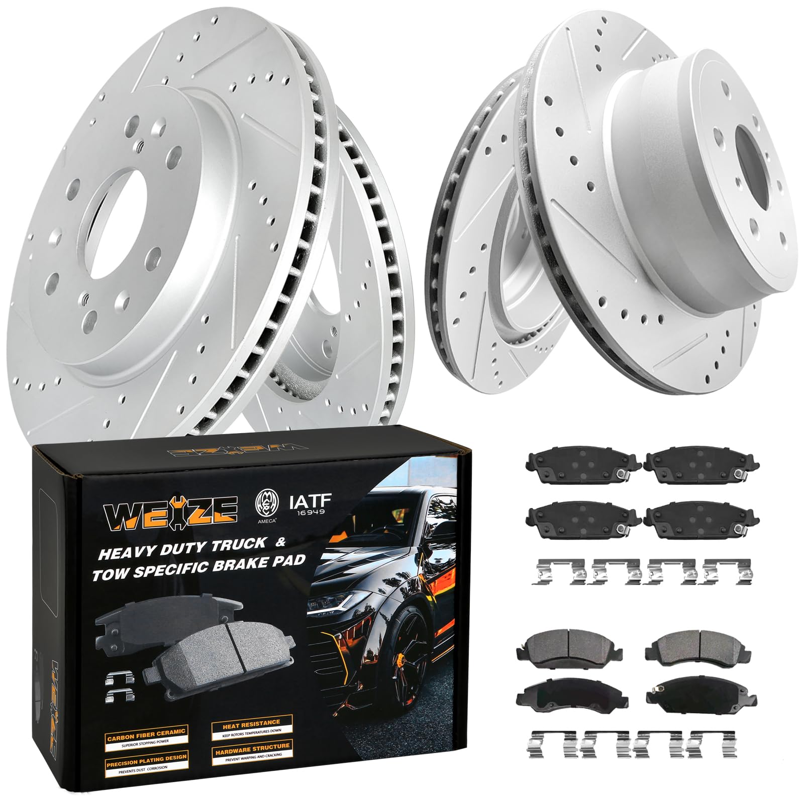 Photo 1 of ***REAR ROTORS ONLY***

Photo stock for reference WEIZE Front and Rear Truck & Tow Carbon Fiber Ceramic Brake Pads + Drilled/Slotted Brake Rotors Kit, Fit for Chevy Silverado 1500 Suburban Tahoe GMC Sierra Yukon XL Cadillac Escalade ESV