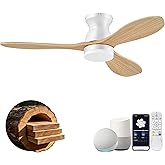 42In Wood Flush Mount Ceiling Fans with Lights Remote,Smart,Low Profile | Alexa/App Control,Easy Install,Quiet,Light Wood White,Hugger LED Ceiling Fan for Outdoor Indoor Porch Kitchen Bedroom,3 Blade