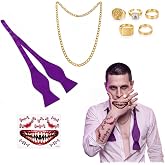 Didaey 4 Pcs Halloween Joker Theme Costume Accessories for Men | Clown Villain Outfit Accessories with Self Bow Tie, Chain Necklace, Teeth Covers, Rhinestone Ring, for Dress-up Cosplay Party
