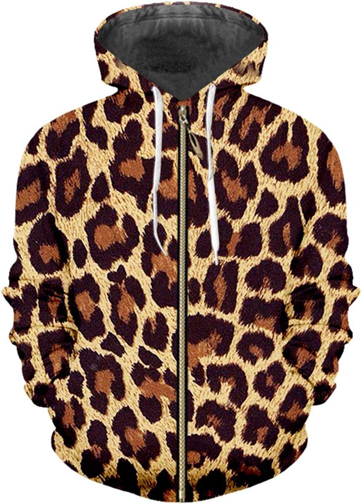 Men Stripes Long Sleeve Hoodies Black White Leopard Print 3D Zipper Coat
