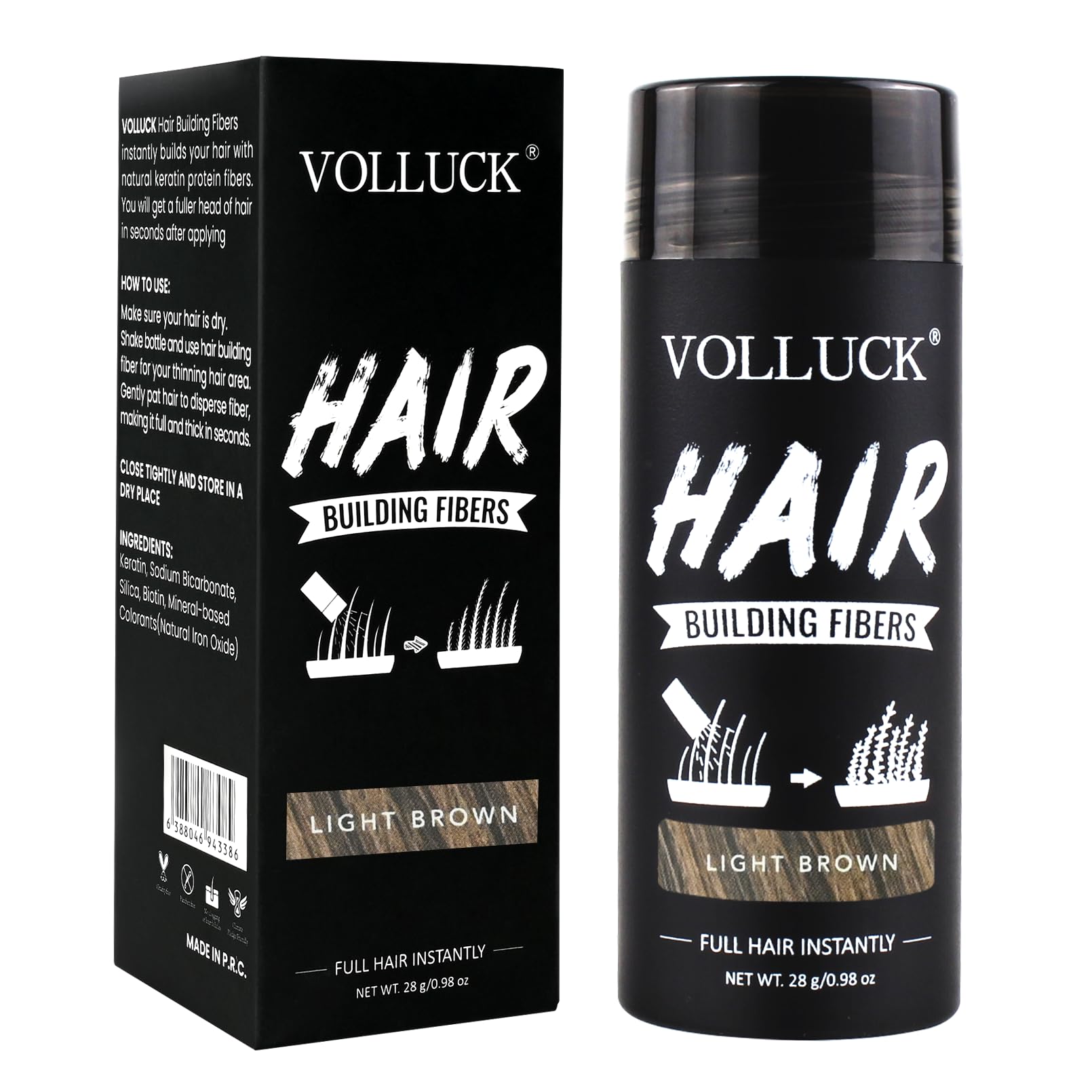 VOLLUCK Hair Fibres 28g – Instant Coverage for Thinning Hair – Creates a Naturally Fuller, Thicker Look – Lightweight, Natural Finish, Easy to Apply & Wash Off – For Men & Women (Light Brown)