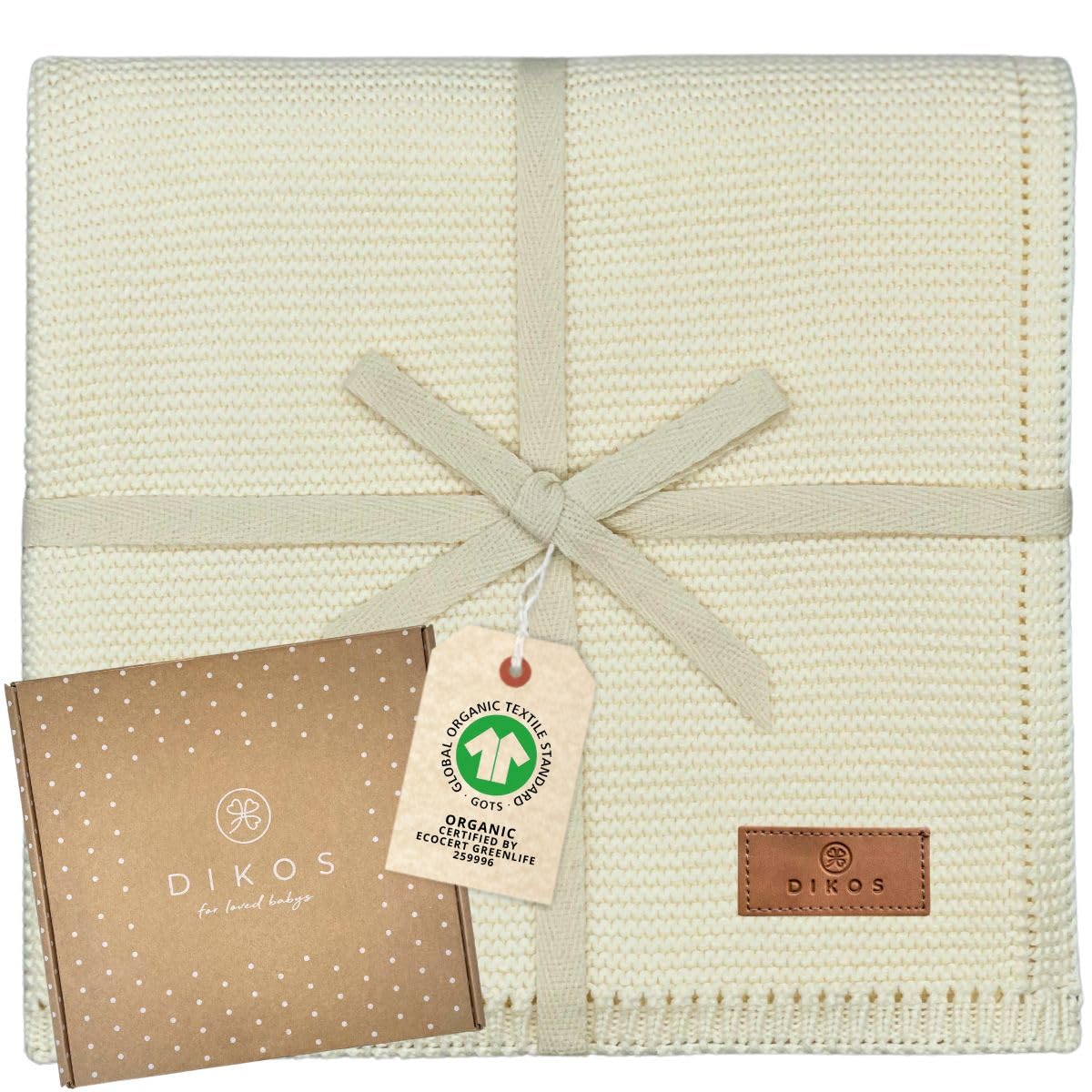 DIKOS® Baby Blanket Cream 100% GOTS Organic Cotton 4 Seasons Newborn Baby Blanket Soft Knitted Blanket Baby Girl Boy First Equipment Baby Gift for Birth / Christening