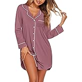 Ekouaer Nightgowns for Women Long Sleeve Nightshirt Button Down Sleepshirt Nightdress Boyfriend Sleepwear S-XXXL