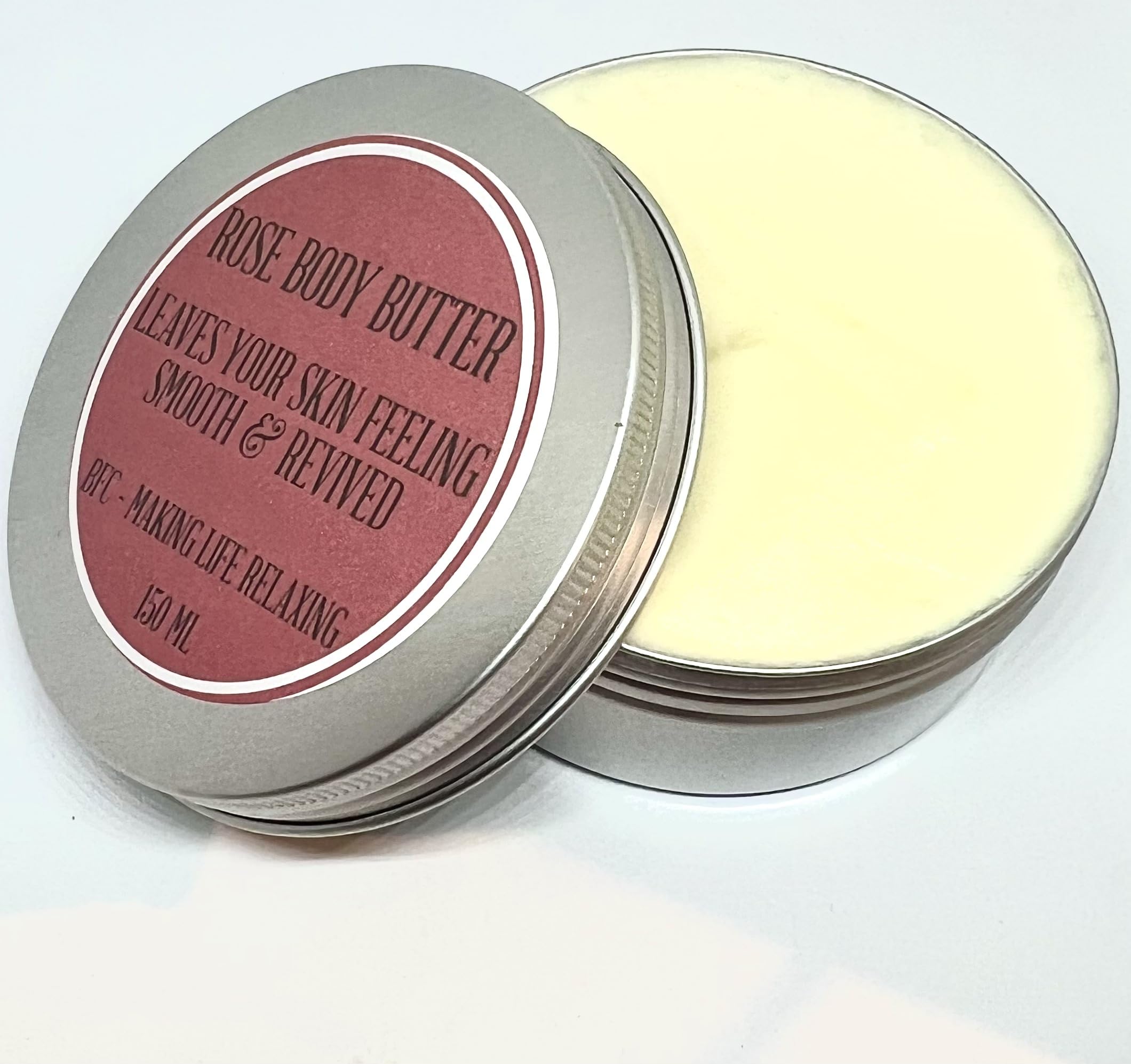BFC Body Butter Rose Scented 150ML Silver Tin - Made with Mango Butter, Shea Butter, Sweet Almond Carrier Oil and pure Rose Essential Oil. Shipping on 48 Hour Tracked Service [Energy Class A++