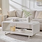 IFGET 48" Modern Coffee Table, 2-Tier Minimalist Curved Center Table, White | Minimalist Coffee Table with Storage Shelf, Wooden Rectangular Living Room Table w/Wood Thick Design for Living Room, Office