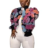 BQDCQB Womens Cropped Floral Print Jacket Warm Fleece Bomber Jacket Casual Button Down Coats Fall Puff Outerwears