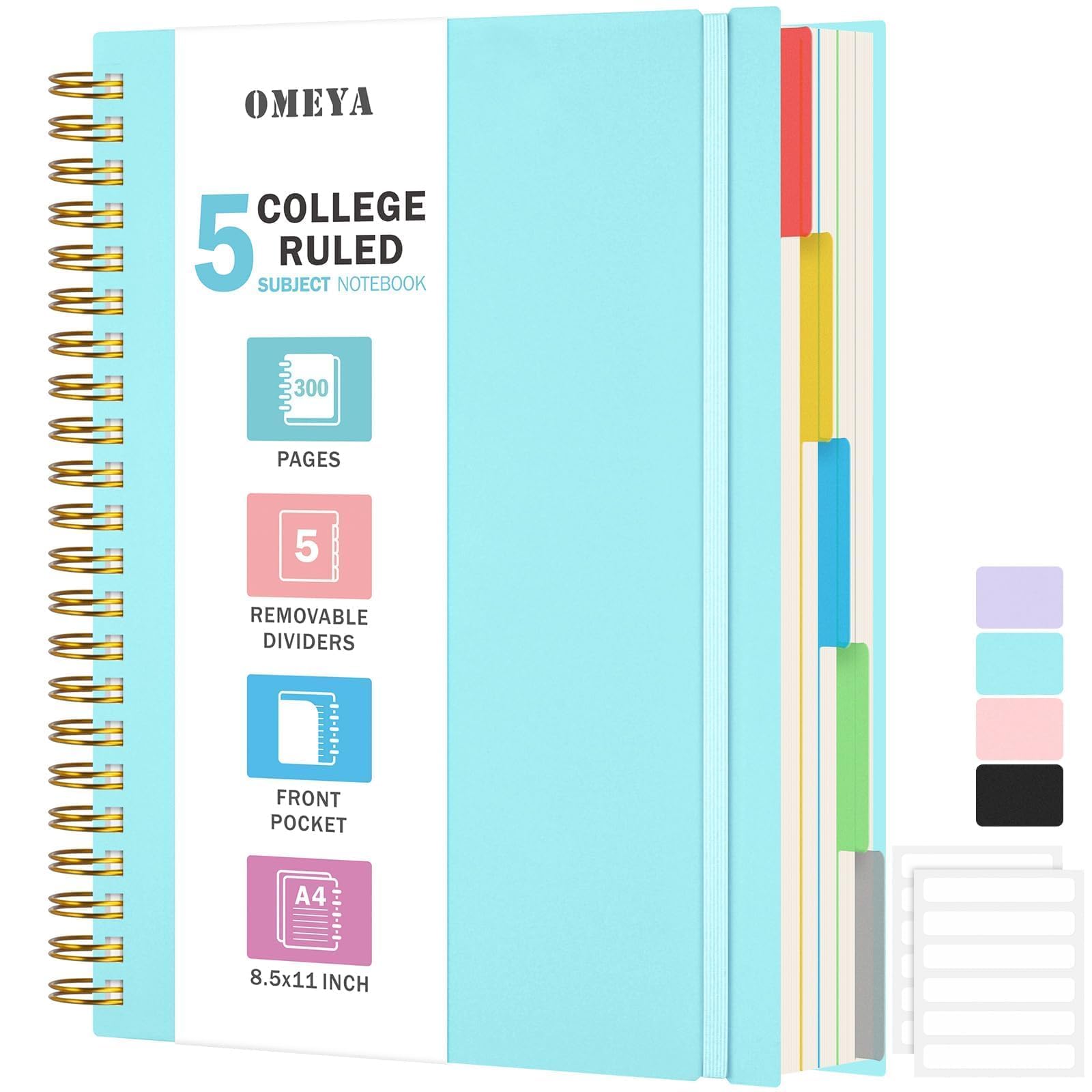 Spiral Notebook 8.5" x 11", 5 Subject Notebooks College Ruled with Removable Dividers, 300 Pages 100GSM Thick Spiral Writing Journal for Women & Men, Large A7 Lined Journal Notebooks for Work, School