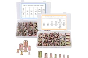EilxMag Rivet Nut Tool Kit, 400pcs SAE & Metric Rivet Nut Assortment Kit, Carbon Steel Flat Head Inserts Nutserts for Metal(Standard #6 to 1/2, M3 to M12, 14 Sizes)