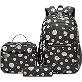 goldwheat Daisy Printed Backpacks With Lunch Pack Pencil Case 3pcs, Lightweight Water Resistant Bookbag For Middle School