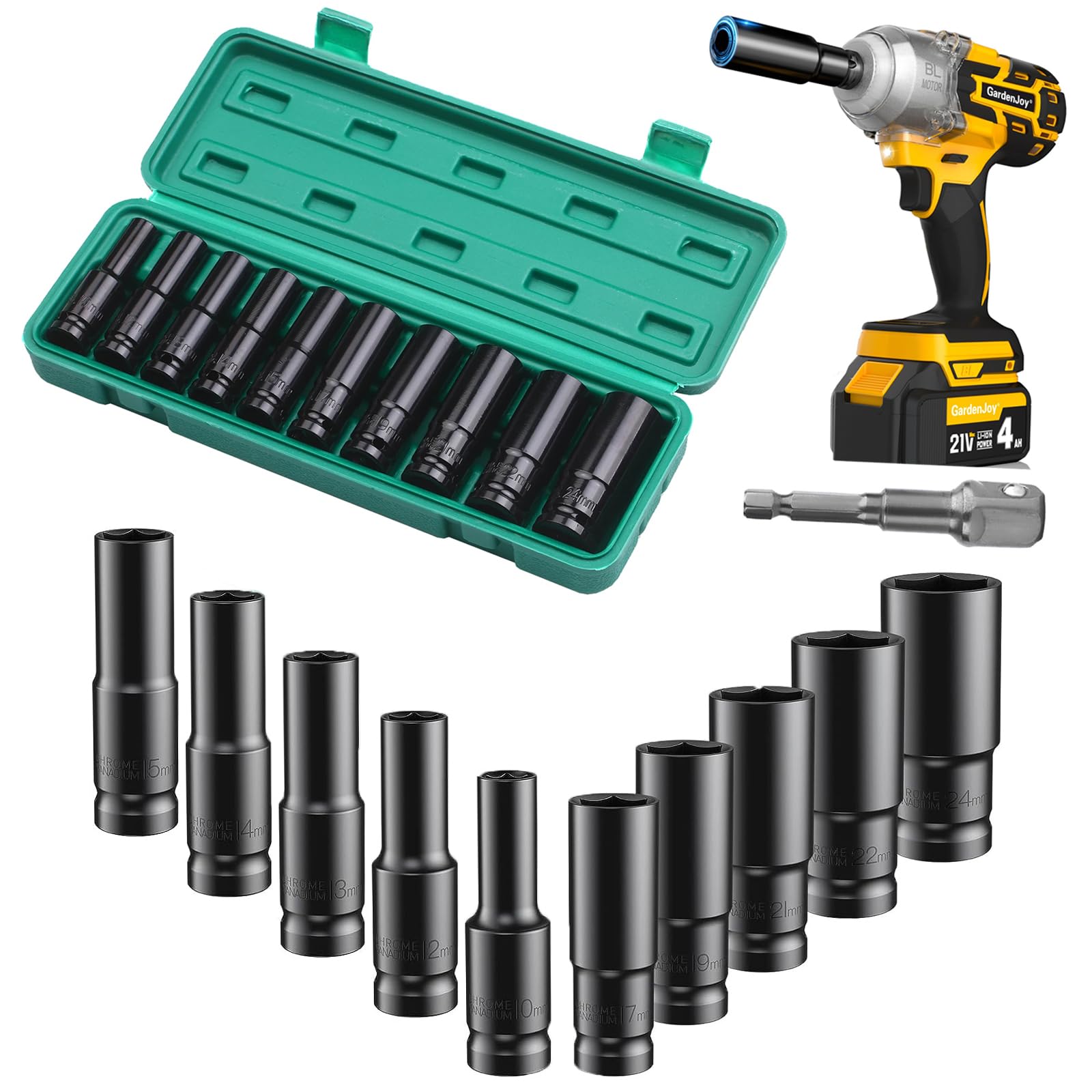 10PCS Deep Impact Socket Set 1/2 Inch Socket Sets for Impact Driver, 10-24 Mm Long Socket Set for Automotive DIY Tasks with Carrying Case Mechanic Tool Car Repair