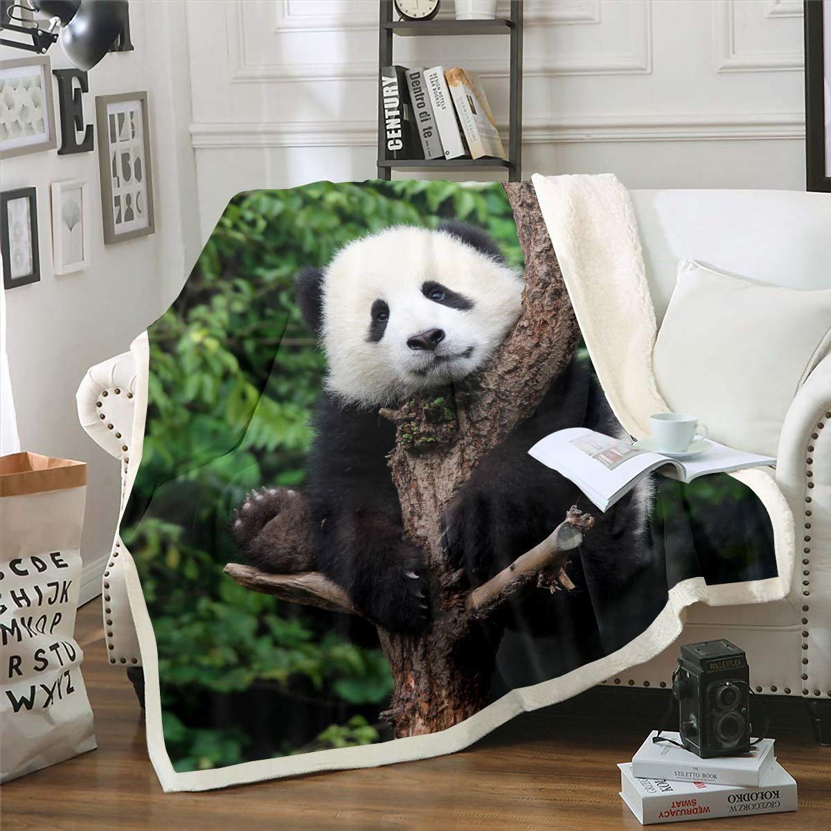 Loussiesd Cute Panda Fleece Throw Blanket for Sofa Bed Bear Printed Decorative Cartoon Giant Panda Design Sherpa Blanket Wild Animal Double 60x79 Inch