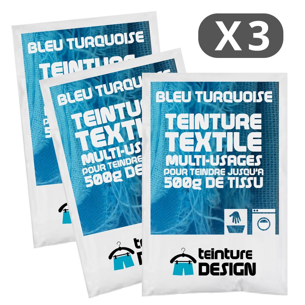 Set of 3 Packs of Textile Dye - Turquoise Blue - Universal Dyes for Clothes and Natural Fabrics