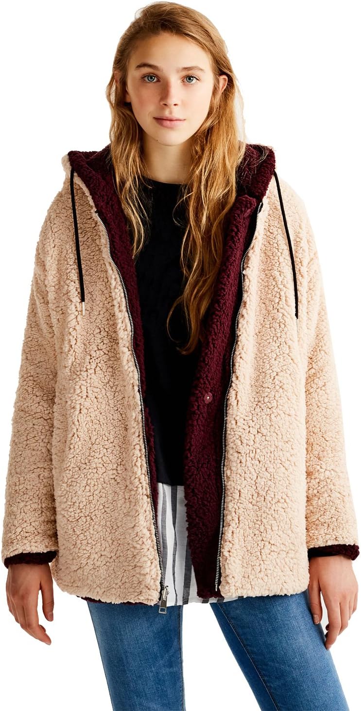Ladies Womens Soft Teddy Fleece Hooded Jumper Hoody Jacket Coat Wine