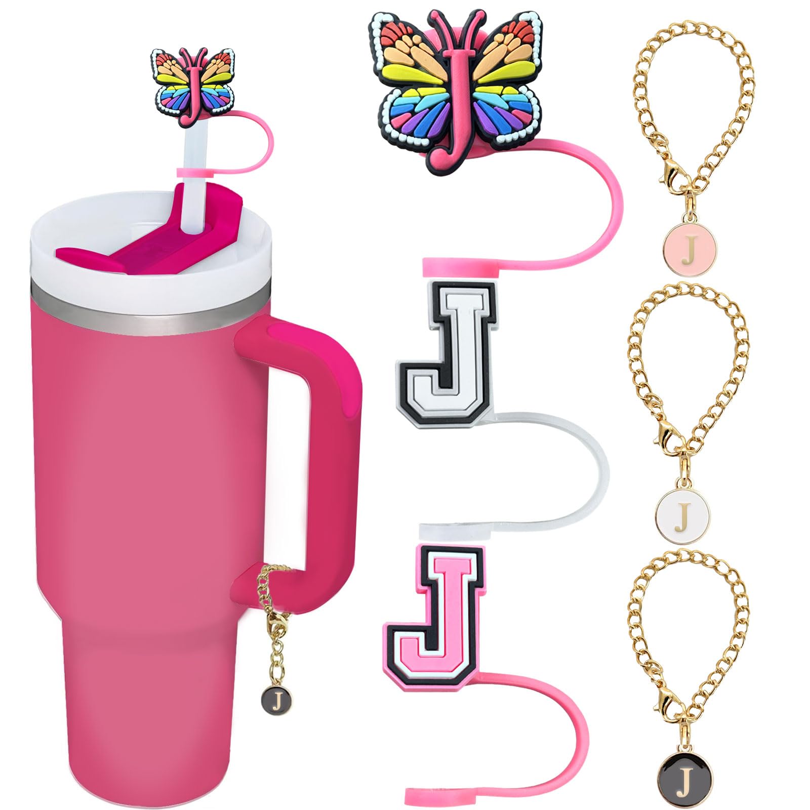 Photo 1 of (3+3) 3PCS Stanley Toppers for 30&40 Oz Tumbler, Stanley Straw Topper Letter Straw Cover with 3PCS Letter Charm Chains Stanley Cup Accessories (Letter J)