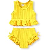 HAPPYMA Baby Swimsuit Toddler Girl Bathing Suit Summer Solid Color Bikini Set Beach Two Piece Swim Wear