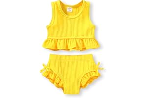 HAPPYMA Baby Swimsuit Toddler Girl Bathing Suit Summer Solid Color Bikini Set Beach Two Piece Swim Wear