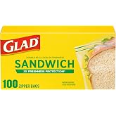 Glad Zipper Food Storage Plastic Bags, Sandwich, 100 Count (Package May Vary)