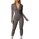 OQQ Women Yoga Jumpsuits Workout Ribbed Long Sleeve Zip Front Sport Jumpsuits