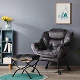 HollyHOME Armchair with Footstool Velvet Lounge Chair Dark Grey Steel Frame view 4